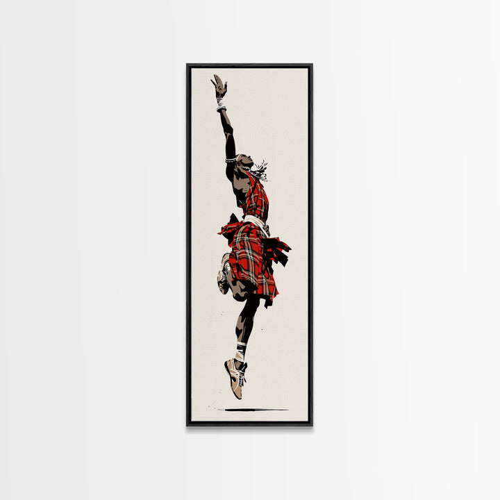 Leaping Maasai Warrior Canvas Print, African Tribal Dance Wall Art, Red Fabric Culture Decor For Bold Modern Living Room Decor