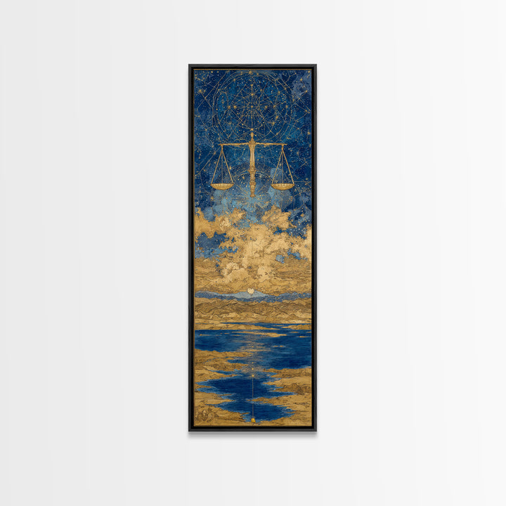Golden Libra Scales Wall Art, Celestial Zodiac Canvas Print, Blue Ocean Astrology Decor For Modern Bedroom And Living Room Decor Gift