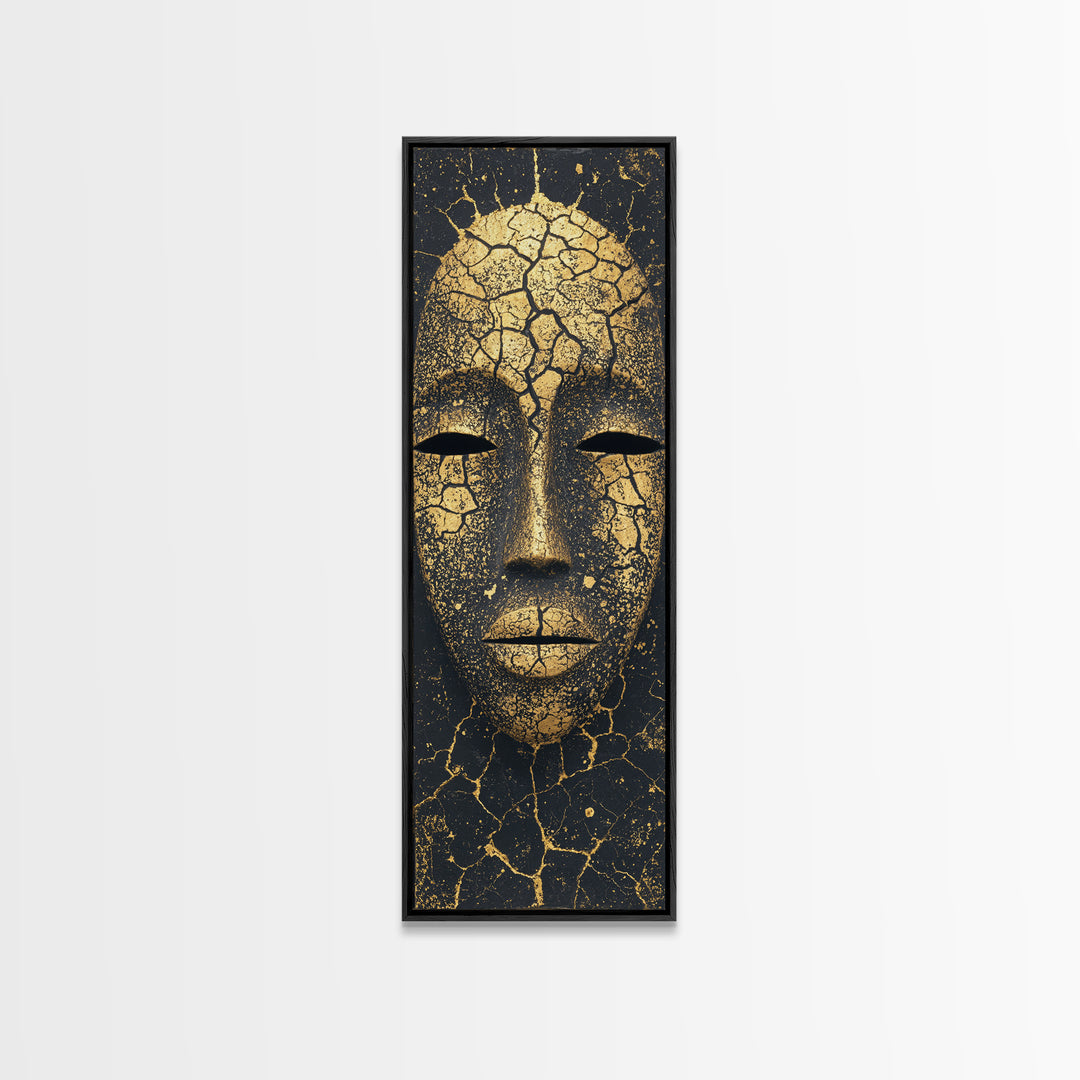 Cracked Gold African Mask Wall Art, Abstract African Portrait Canvas Print, Black And Gold Tribal Decor For Modern Home Gift