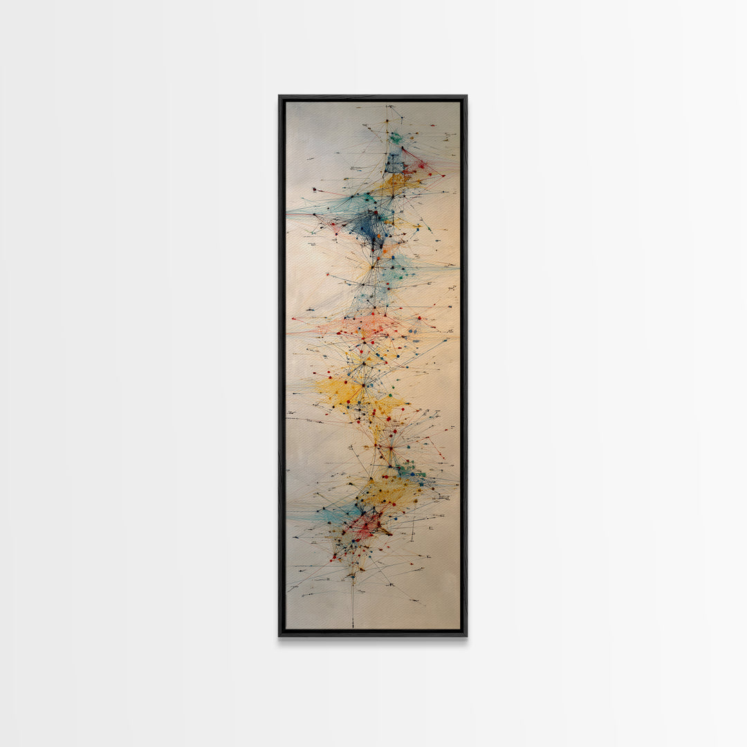 Delicate Abstract Network Wall Art, Teal Red Yellow Line Painting Canvas Print, Modern Minimalist Office Decor Gift For Home
