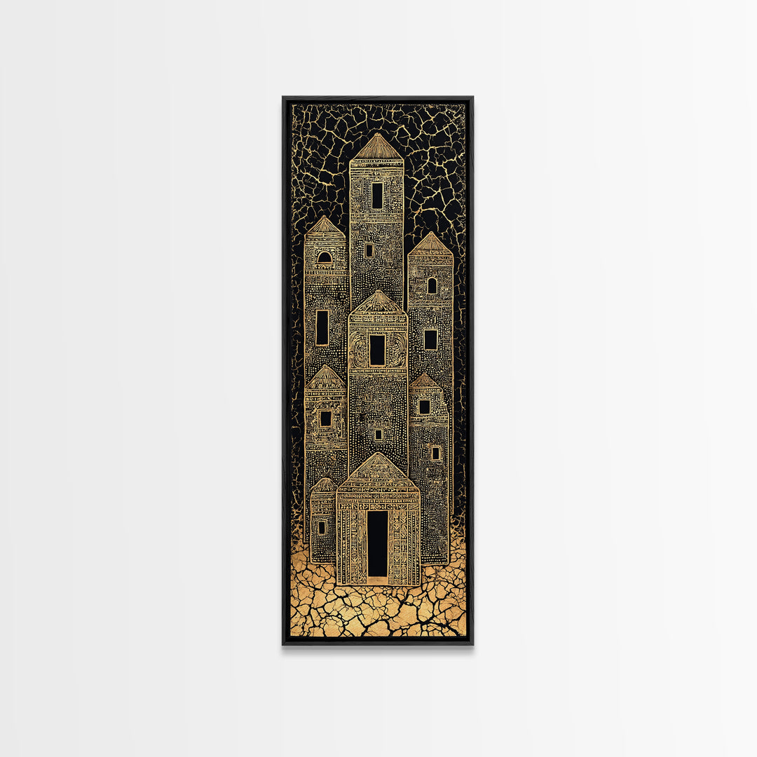 Gold Tribal Desert Towers Wall Art, Black African Architecture Canvas Print, Ancient Village Pattern Home Decor Gift For Him