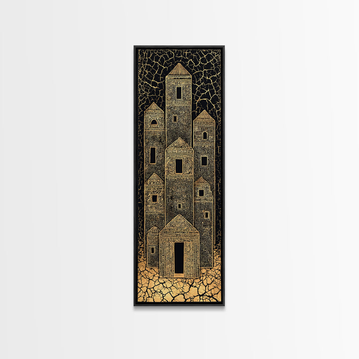 Gold Tribal Desert Towers Wall Art, Black African Architecture Canvas Print, Ancient Village Pattern Home Decor Gift For Him