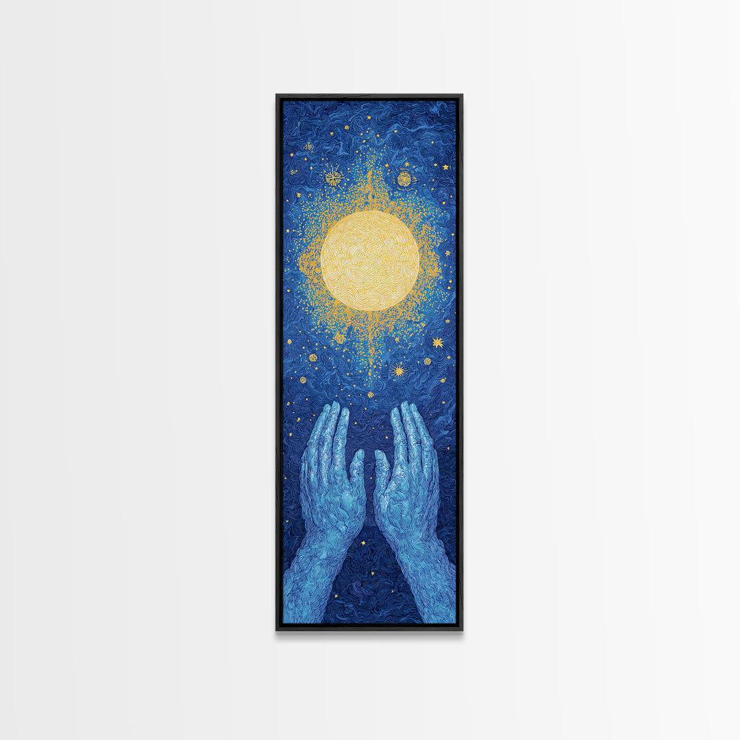 Glowing Celestial Sun Between Blue Hands Wall Art, Spiritual Wall Art, Mystical Wall Art, Starry Blue Home Decor Gift Idea