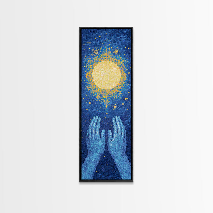 Glowing Celestial Sun Between Blue Hands Wall Art, Spiritual Wall Art, Mystical Wall Art, Starry Blue Home Decor Gift Idea
