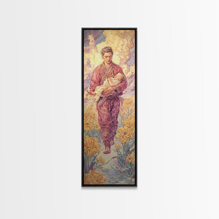 Gentle Shepherd Carrying Lamb Through Golden Flowers Framed Canvas Print, Spiritual Wall Art, Painting, Meaningful Gift For Home