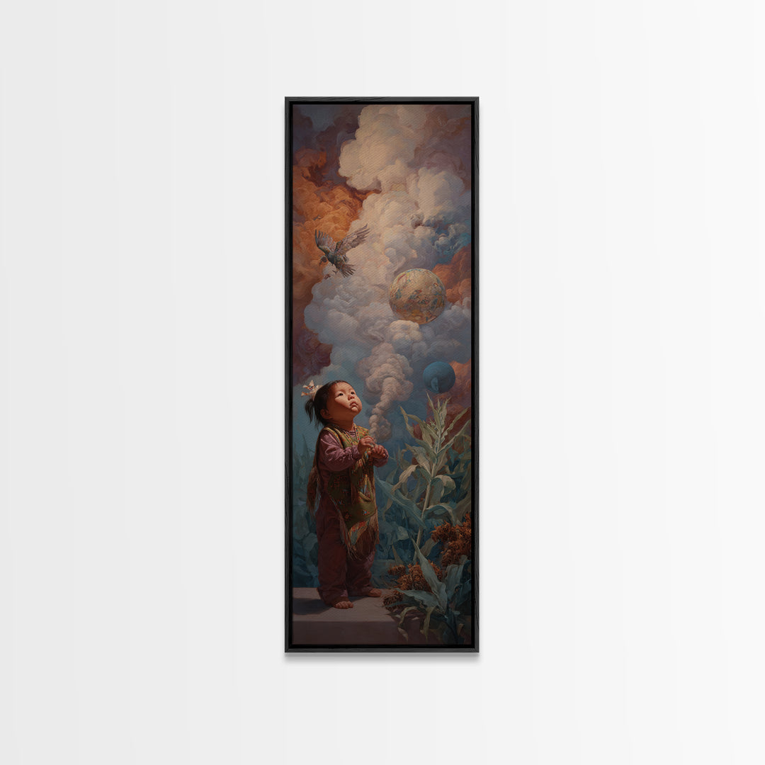 Wondering Child Beneath Cloud Birds And Planets Canvas Print, Dreamy Wall Art, Nature Scene Art, Unique Home Decor Gift Idea