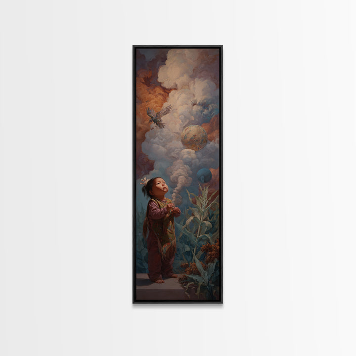 Wondering Child Beneath Cloud Birds And Planets Canvas Print, Dreamy Wall Art, Nature Scene Art, Unique Home Decor Gift Idea