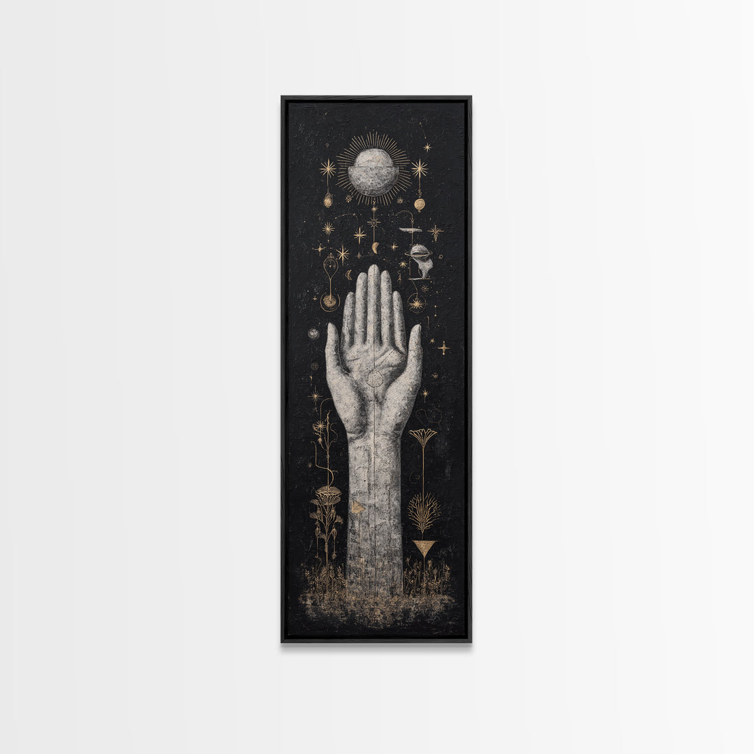 Mystical Palm Reaching Toward Moon And Stars Wall Art, Spiritual Wall Art, Black And Gold Art, Botanical Decor Gift For Her