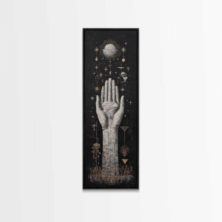 Mystical Palm Reaching Toward Moon And Stars Wall Art, Spiritual Wall Art, Black And Gold Art, Botanical Decor Gift For Her