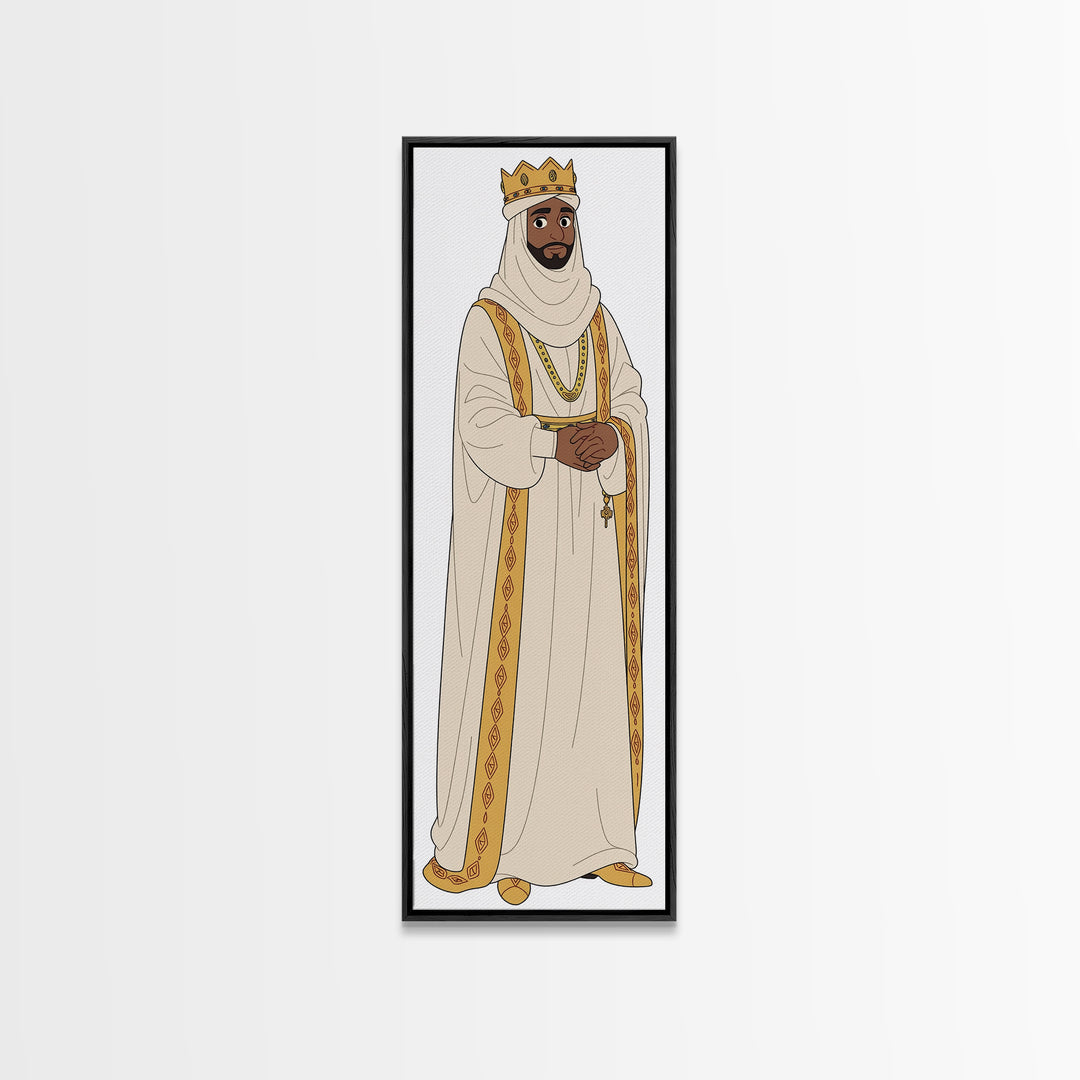 Regal Bearded King In White Robes Framed Canvas Print, African Inspired Royal Portrait, Elegant Cultural Home Decor Gift