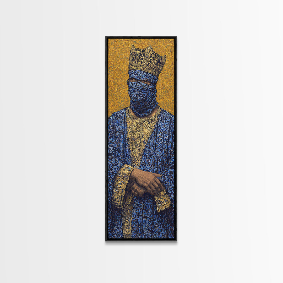 Masked African King In Blue And Gold Framed Canvas Print, Royal Portrait Wall Art, Luxury Afrocentric Cultural Home Decor