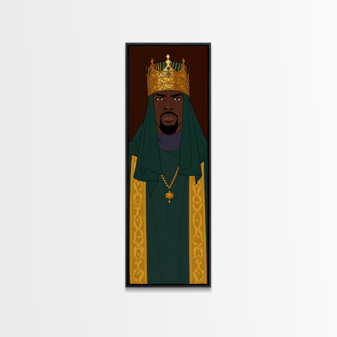 Green Veiled African King With Gold Crown Canvas Print, Black Man Portrait Wall Art, Royal Afrocentric Home Decor Gift For Him