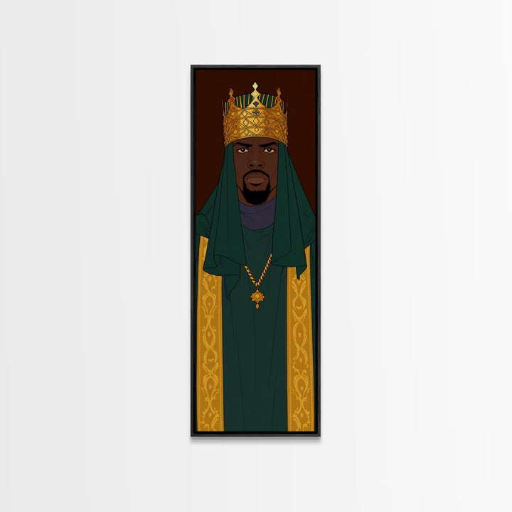 Green Veiled African King With Gold Crown Canvas Print, Black Man Portrait Wall Art, Royal Afrocentric Home Decor Gift For Him