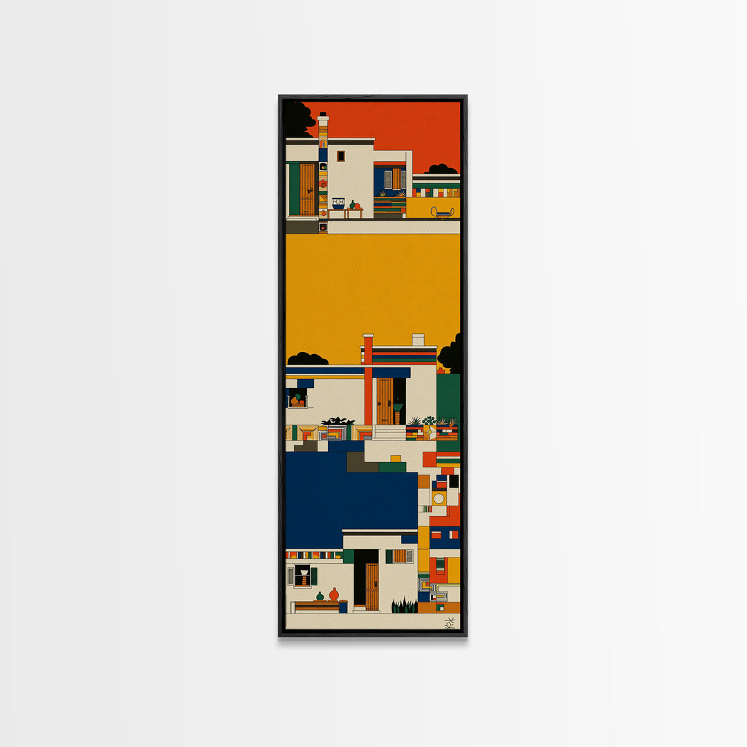 Colorful African Village Houses Wall Art, Geometric Architecture Canvas Print, Afrocentric Home Decor, Modern Tribal Poster