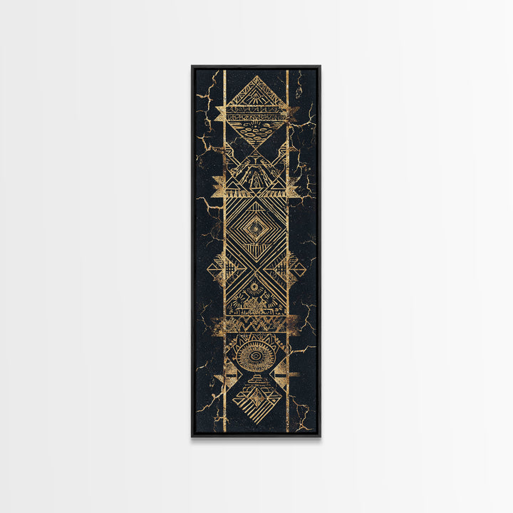 Gold Geometric Tribal Totem Wall Art, Abstract African Canvas Print, Black And Gold Decor, Ethnic Pattern Statement Poster