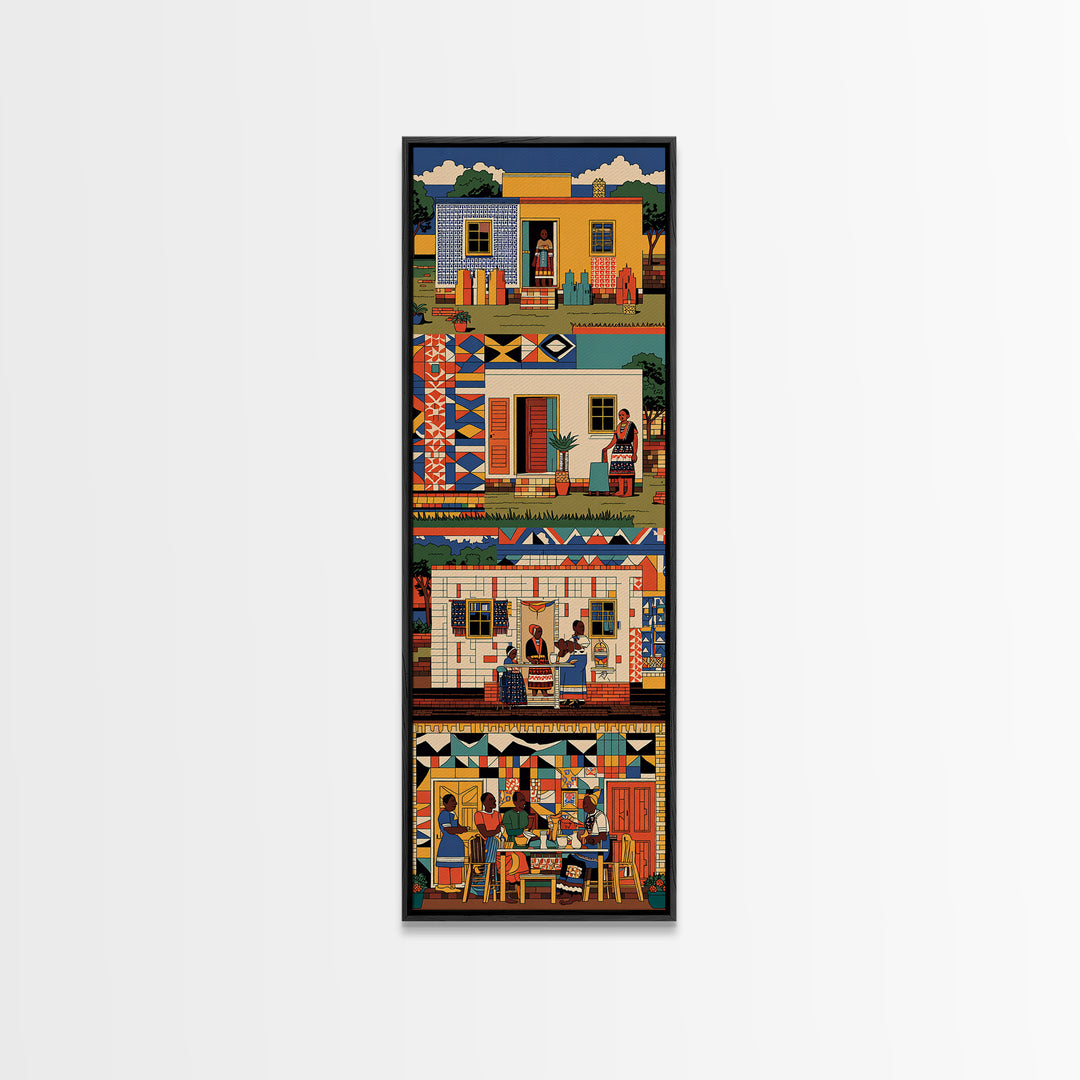Vibrant African Village Homes Wall Art, Colorful Canvas Print, Folk Culture Poster, Patterned Houses And People Decor Gift