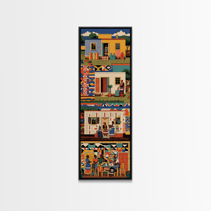 Vibrant African Village Homes Wall Art, Colorful Canvas Print, Folk Culture Poster, Patterned Houses And People Decor Gift
