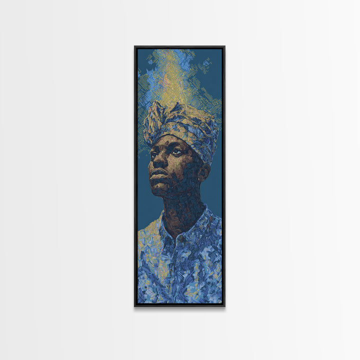 Regal African Man Portrait Wall Art, Blue Gold Framed Canvas Print, Afrocentric Black Culture Decor, Modern Art Gift For Him