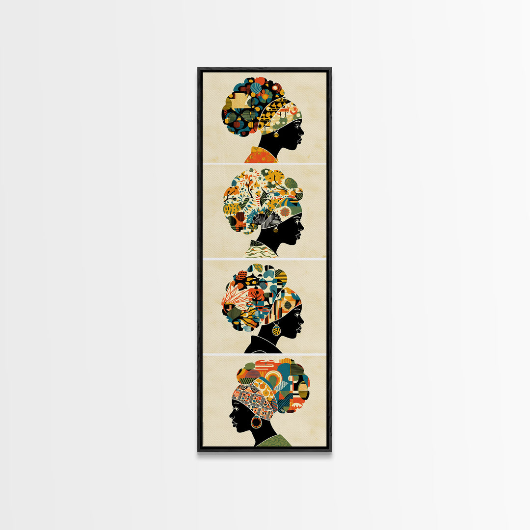 Four Floral Headwrap African Women Wall Art, Black Woman Silhouette Canvas Print, Afrocentric Ankara Decor Art Gift For Her