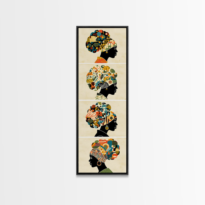 Four Floral Headwrap African Women Wall Art, Black Woman Silhouette Canvas Print, Afrocentric Ankara Decor Art Gift For Her