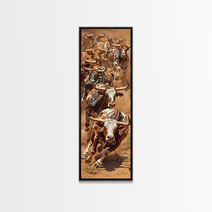 Charging African Cattle Herd In Dusty Earth Tones Canvas Print, Safari Animal Wall Decor, Rustic Farmhouse Statement Art
