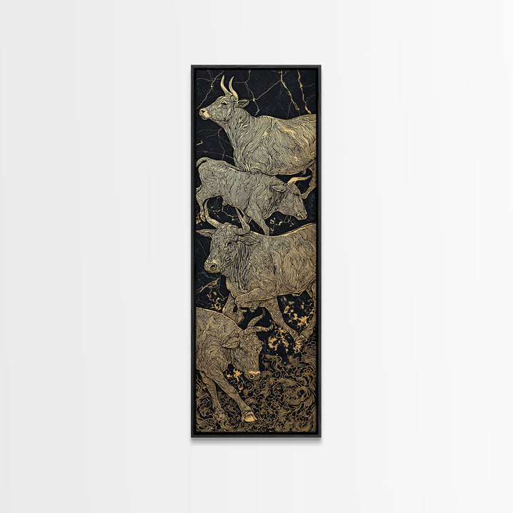 Gold Line African Cattle On Black Marble Framed Canvas Print, Tribal Animal Wall Decor, Luxury Safari Farmhouse Art Gift
