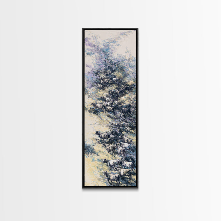 Blue Winter African Tree With Grazing Cattle Wall Art, Serene Safari Landscape, Nature Scene Home Decor For Modern Farmhouse