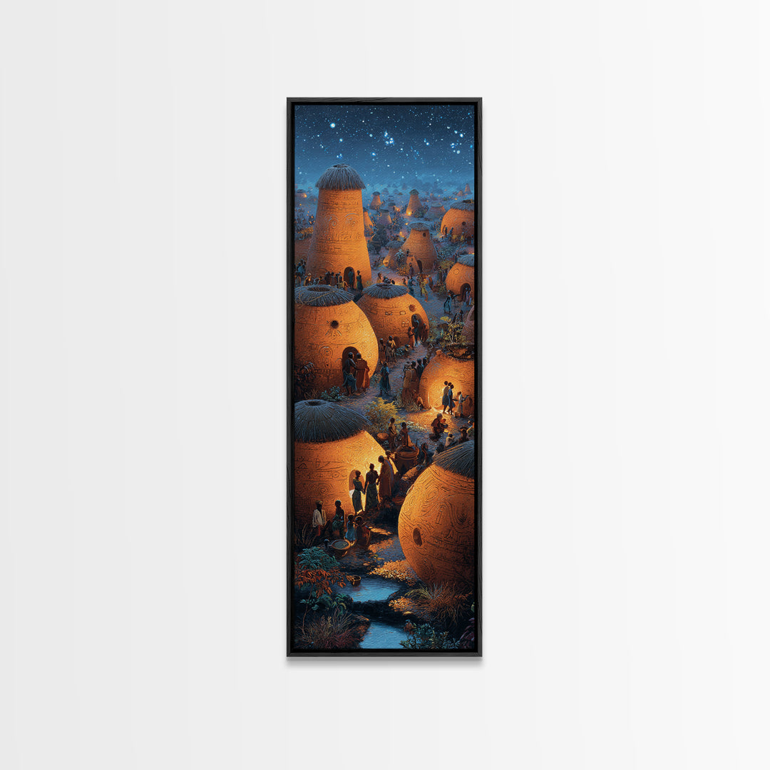 Glowing African Village At Starlit Night With Clay Huts Canvas Print, Afrocentric Wall Decor, Magical Motherland Home Art