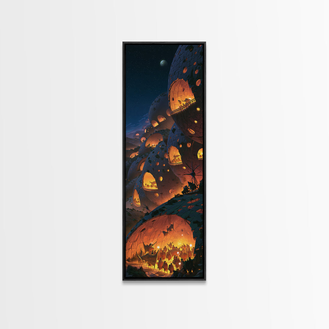 Futuristic African Dome City With Glowing Lanterns Wall Art, Afrofuturism Decor, Starry Night Sci Fi Landscape Print For Home Decor