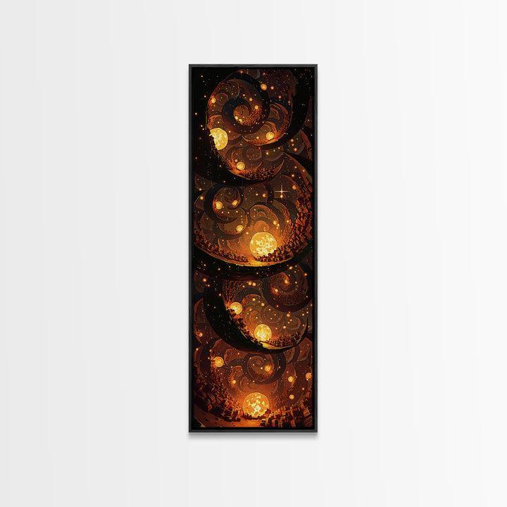 Golden Spiral Suns In A Mystical Night Sky, Canvas Print, Abstract Wall Art, Spiritual Decor, Bohemian Home Decor Gift For Bedroom