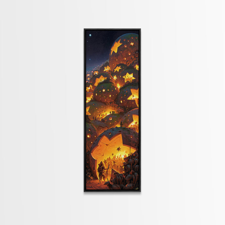 Glowing Star Lantern Village In Dreamy Mountains, Canvas Print, Wall Art, Cozy Night Decor, Magical Living Room Artwork Gift