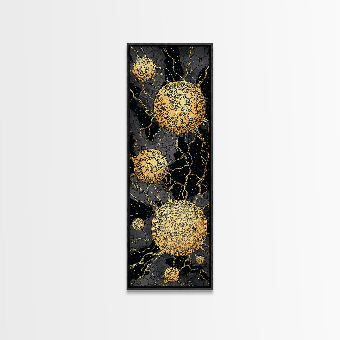 Cracked Golden Spheres With Marble Veins, Framed Canvas Print, Abstract Wall Art, Black And Gold Decor, Luxury Artwork For Home