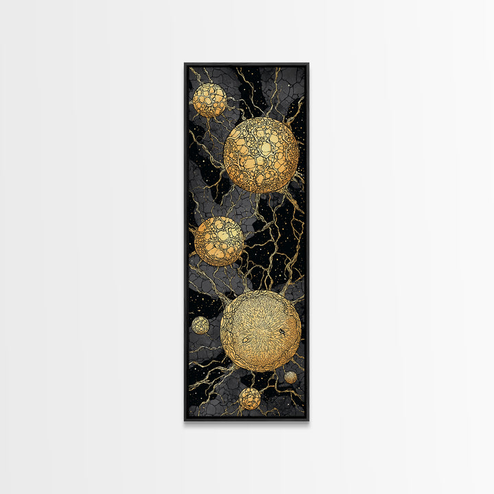 Cracked Golden Spheres With Marble Veins, Framed Canvas Print, Abstract Wall Art, Black And Gold Decor, Luxury Artwork For Home
