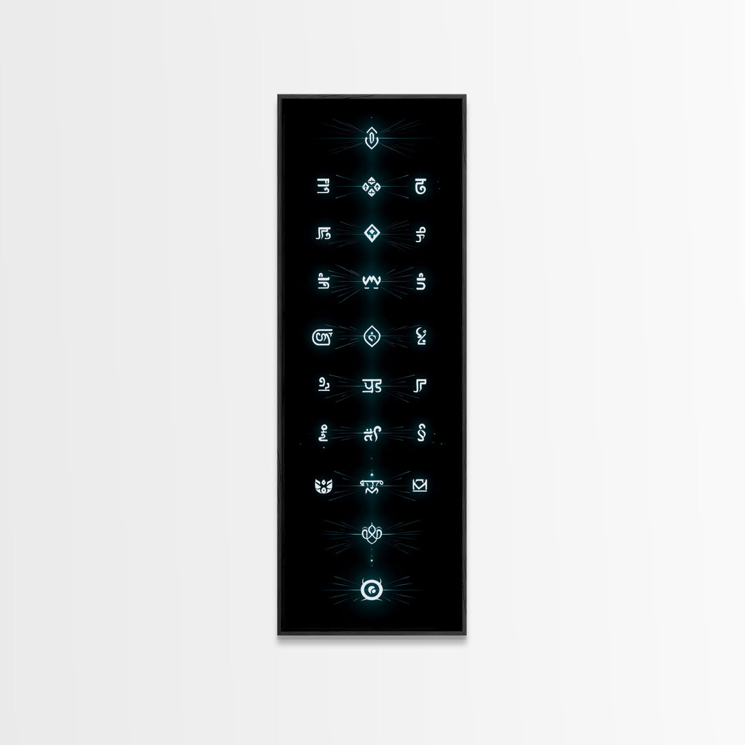Glowing Cyan Mystic Glyphs Wall Art, Afrocentric Abstract Symbols, Spiritual Minimalist Black Decor, Modern Tribal Canvas Print