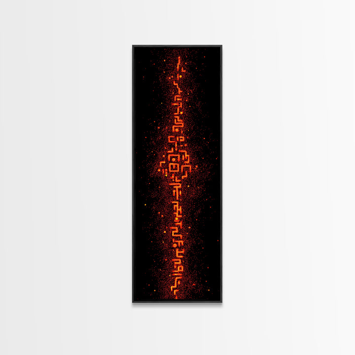 Fiery Orange Digital Glyph Pillar Wall Art, Futuristic African Abstract, Spiritual Tribal Decor, Modern Black Canvas Print
