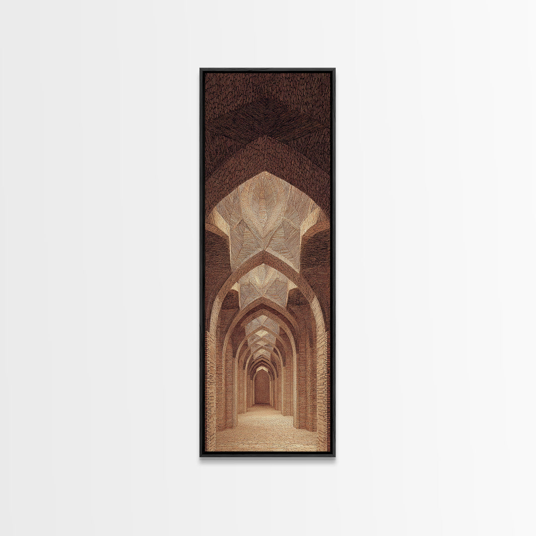 Sepia Arched Corridor Framed Canvas Print, Moroccan Inspired Architecture Wall Art, Earth Tone Boho Decor, Elegant Home Art