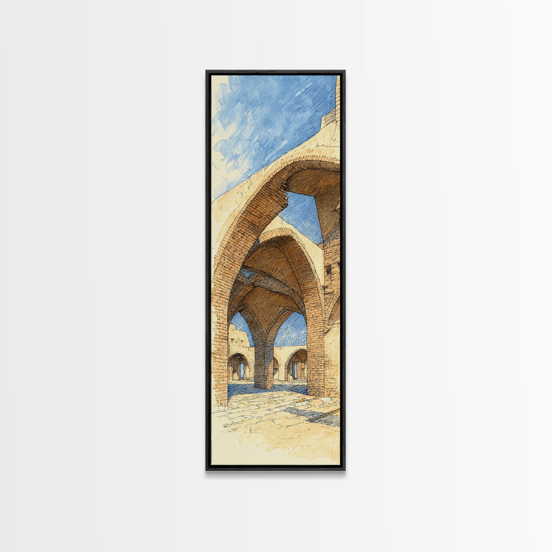 Sunlit Stone Arches Canvas Print, Morocco Africa Architecture Wall Art, Blue Beige Travel Decor, Bohemian Home Art For Living Rooms