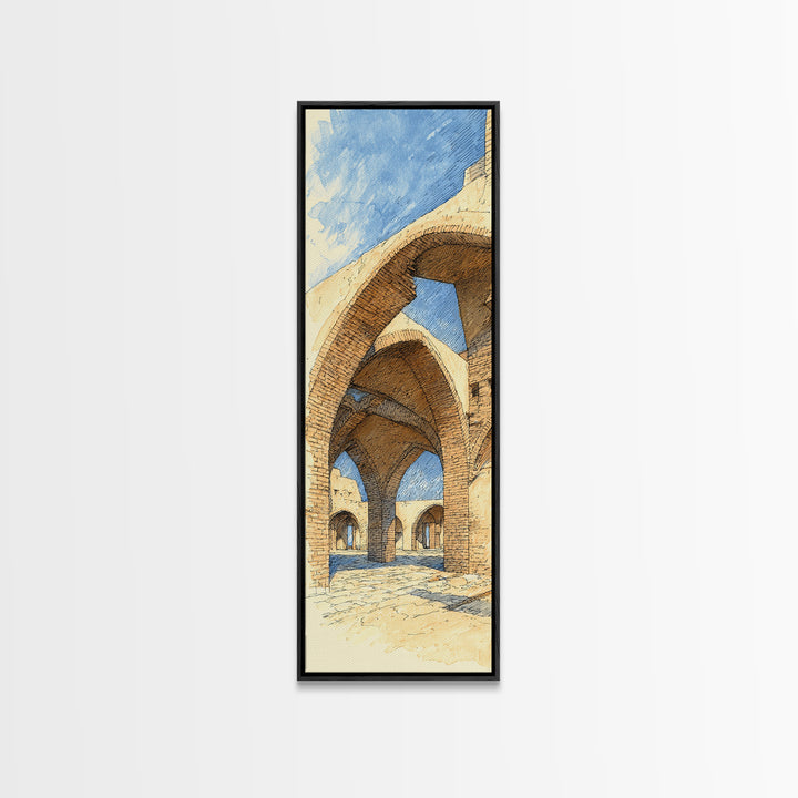 Sunlit Stone Arches Canvas Print, Morocco Africa Architecture Wall Art, Blue Beige Travel Decor, Bohemian Home Art For Living Rooms