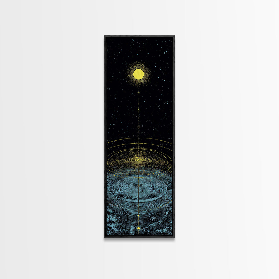 Golden Moon Over Cosmic Water Wall Art, Spiritual Celestial Abstract, Meditation Room Decor, Modern Black Canvas Print Gift