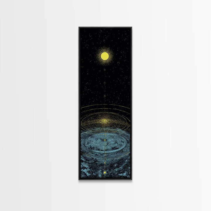 Golden Moon Over Cosmic Water Wall Art, Spiritual Celestial Abstract, Meditation Room Decor, Modern Black Canvas Print Gift