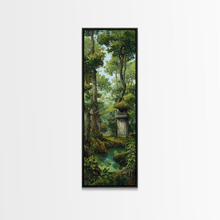 Ancient Jungle Shrine And Emerald Stream Wall Art, Mystical Forest Landscape, Nature Scene, Green Botanical Home Decor Print