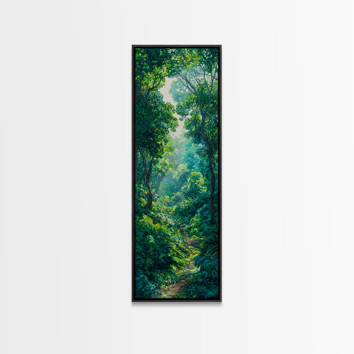 Sunlit Rainforest Path With Lush Green Leaves Framed Canvas Print, Jungle Decor, Nature Scene, Dreamy Wall Art Gift For Living Room
