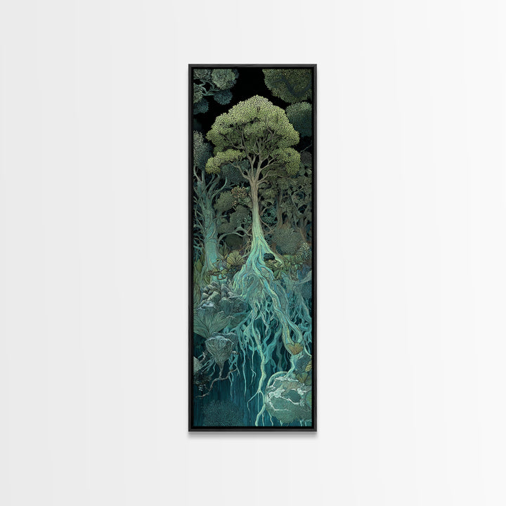 Glowing Root Tree In Dark Enchanted Forest Canvas Print, Mystical Wall Art, Spiritual Nature Decor, Surreal Botanical Home