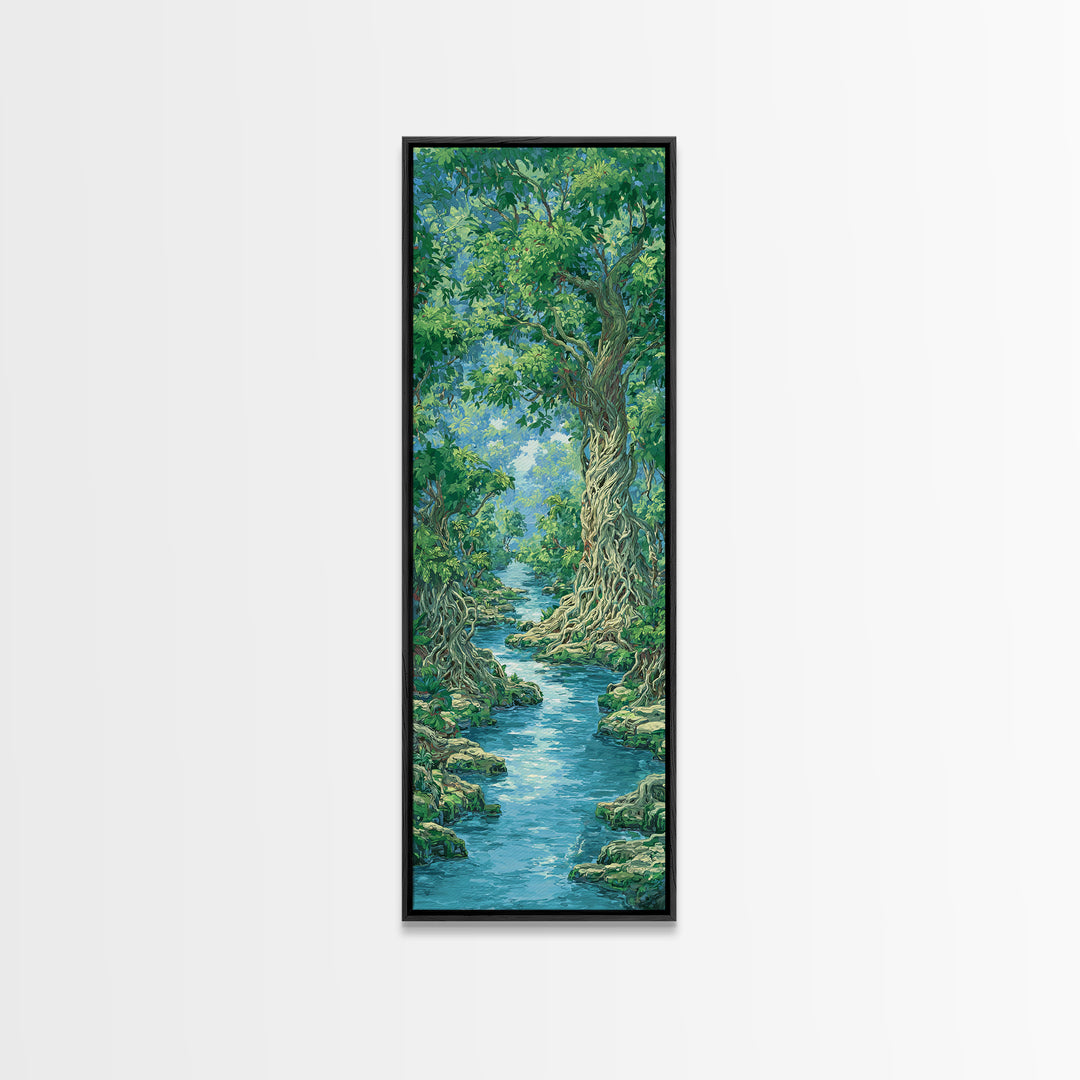 Ancient Tree River Path Through Emerald Forest Wall Art, Nature Scene, Green Landscape, Dreamy Jungle Decor For Home Print