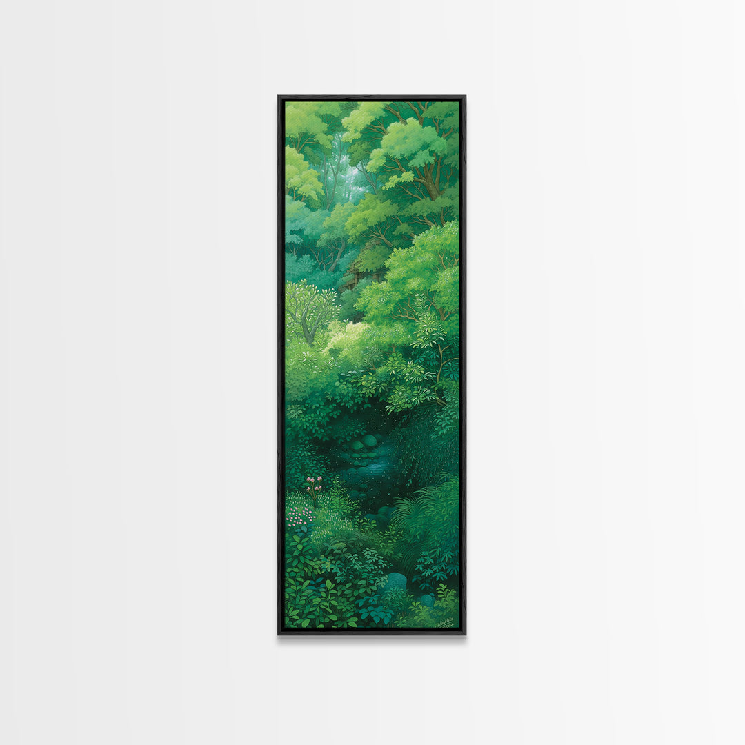 Verdant Hidden Creek And Soft Green Canopy Framed Canvas Print, Botanical Wall Art, Nature Scene, Calming Forest Decor Gift