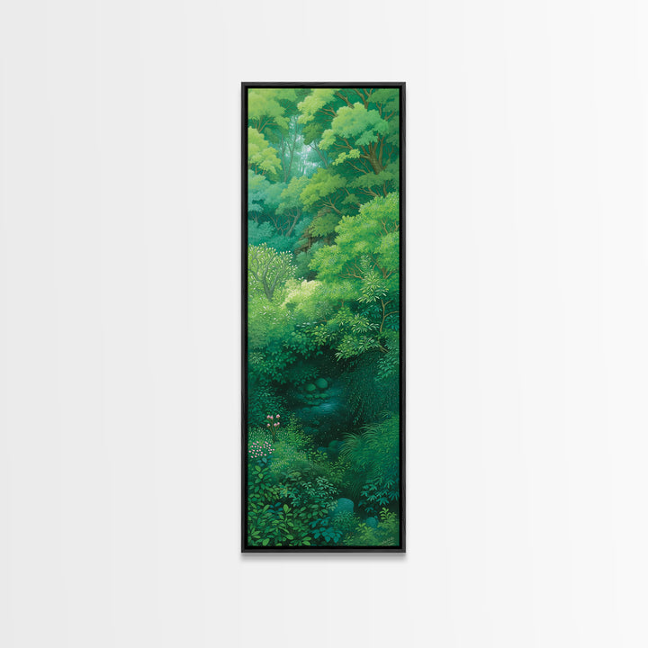 Verdant Hidden Creek And Soft Green Canopy Framed Canvas Print, Botanical Wall Art, Nature Scene, Calming Forest Decor Gift