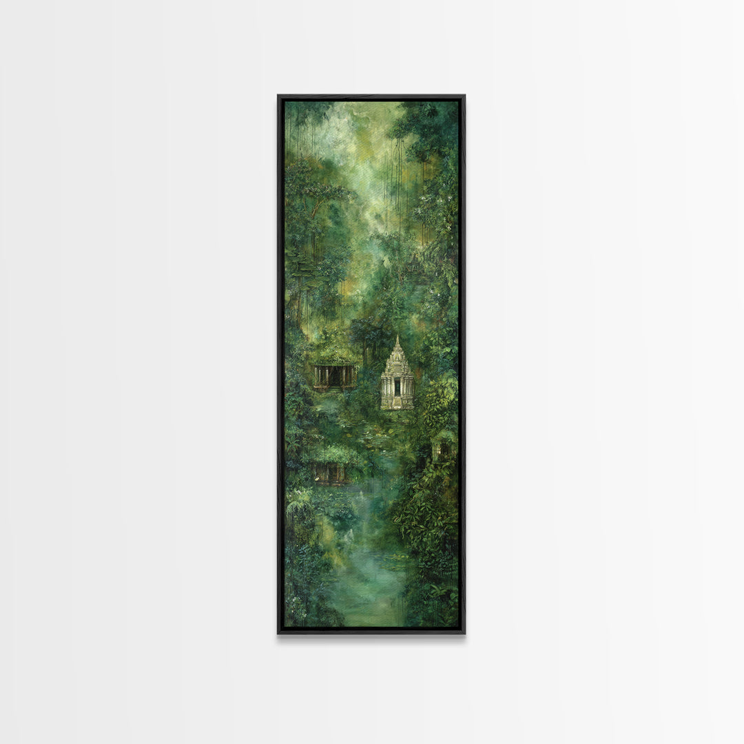 Misty Rainforest Temple With Hanging Vines Wall Art, Ancient Jungle Shrine, Spiritual Nature Scene, Green Home Decor Print