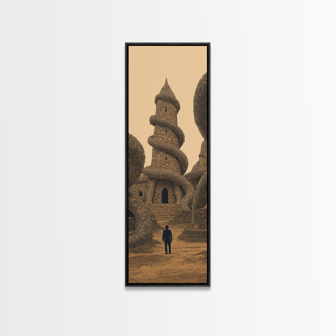 Surreal Sand Castle Tower With Lone Traveler Wall Art, Fantasy Architecture Print, Earth Tone Decor, Statement Piece Gift