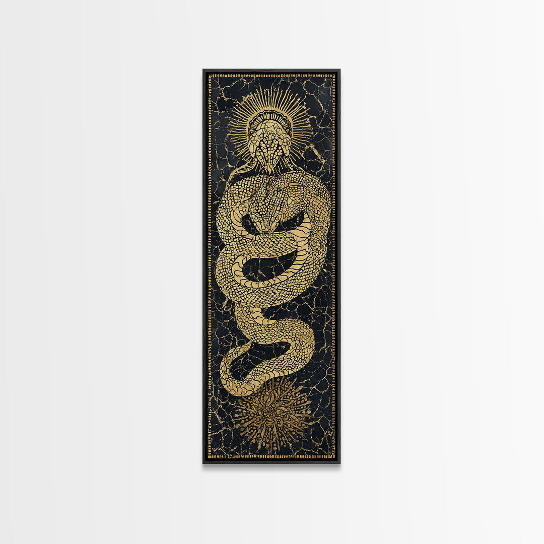 Golden Serpent Sun Mosaic On Black Canvas Print, Spiritual Wall Art, Mystical Snake Decor, Bold Statement Gift For Home Decor