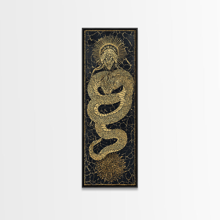 Golden Serpent Sun Mosaic On Black Canvas Print, Spiritual Wall Art, Mystical Snake Decor, Bold Statement Gift For Home Decor